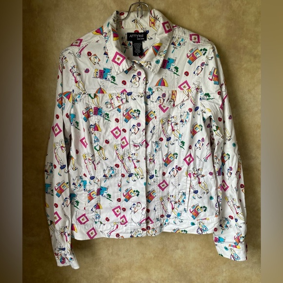 Vintage 90s Y2K White Patterned “City Girls” Jacket Button Front All Over Print - Picture 1 of 7